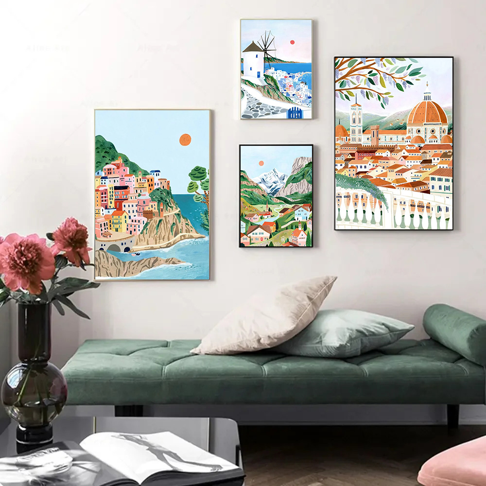 Resin Art World - Poster Kota Perjalanan Dunia Pemandangan Yunani